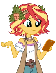 Size: 1024x1336 | Tagged: safe, artist:emeraldblast63, derpibooru import, sunset shimmer, vignette valencia, equestria girls, equestria girls series, alternate hairstyle, beautiful, clothes swap, cute, female, flower, flower in hair, hairstyle swap, holly, mobile phone, phone, shimmerbetes, short hair, simple background, smartphone, solo, transparent background