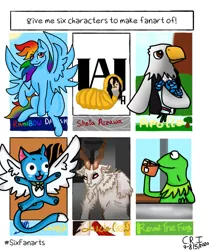 Size: 1005x1200 | Tagged: safe, artist:animeisverycool, derpibooru import, rainbow dash, anthro, goat, pegasus, pony, six fanarts, animal crossing, anthro with ponies, bouquet, clothes, crossover, cup, drinking, fairy tail, flower, kermit the frog, lucio, my hero academia, overwatch, paws, raised hoof, shota aizawa, smiling, underpaw, wings