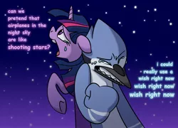Size: 2000x1440 | Tagged: safe, artist:butterfingersart, derpibooru import, twilight sparkle, bird, blue jay, pony, unicorn, aeroplanes and meteor showers, airplanes (song), b.o.b., crossover, crossover shipping, crying, dialogue, female, hayley williams, lyrics, male, mare, meme, mordecai, mordetwi, night, redraw mordetwi meme, regular show, sad, shipping, song reference, stars, straight, teary eyes, text, unicorn twilight