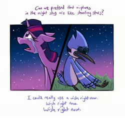 Size: 3112x2940 | Tagged: safe, artist:deadlycomics, derpibooru import, twilight sparkle, bird, blue jay, pony, unicorn, aeroplanes and meteor showers, airplanes (song), b.o.b., crossover, crossover shipping, crying, dialogue, female, hayley williams, lyrics, male, mare, meme, mordecai, mordetwi, night, redraw mordetwi meme, regular show, sad, shipping, song reference, stars, straight, teary eyes, text, unicorn twilight