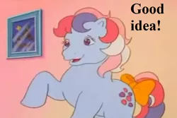 Size: 900x600 | Tagged: bow, cropped, cute, derpibooru import, edit, edited screencap, g1, my little pony 'n friends, paradise estate, picture, reaction image, safe, screencap, speech, sweet stuff, sweet stuff and the treasure hunt, sweet sweet stuff, tail bow, talking