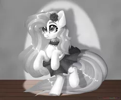 Size: 2035x1679 | Tagged: safe, artist:beautifulspaceshow, derpibooru import, oc, oc:black rose (ice1517), unofficial characters only, earth pony, pony, bipedal, choker, clothes, dancing, female, flower, flower in hair, mare, raised hoof, raised leg, rose, skirt, solo, spotlight, stage, tutu