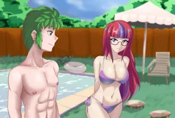 Size: 1280x860 | Tagged: suggestive, artist:thebrokencog, derpibooru import, moondancer, spike, human, abs, absolute cleavage, anime, bikini, breasts, busty moondancer, cleavage, clothes, commission, female, humanized, male, older, older spike, shipping, spikedancer, straight, swimming pool, swimsuit, umbrella