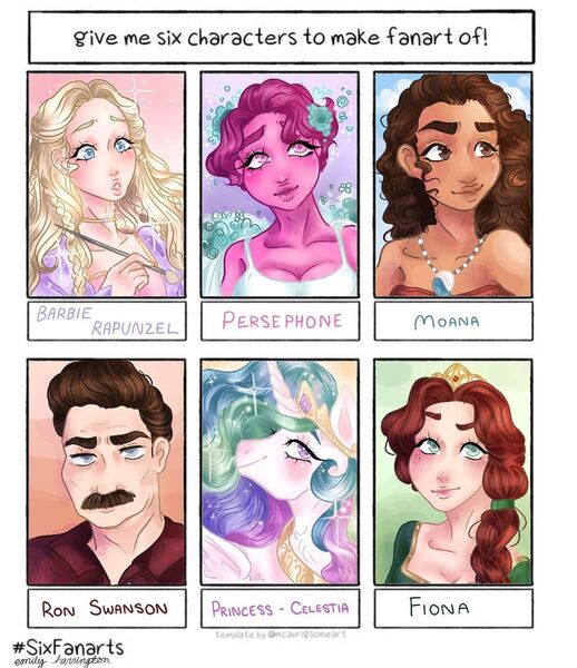 Size: 1080x1251 | Tagged: safe, artist:emilyy.harringtonn, derpibooru import, princess celestia, alicorn, human, pony, six fanarts, barbie, bust, clothes, crossover, facial hair, female, hercules, jewelry, lore olympus, male, mare, moana, moustache, necklace, parks and recreation, persephone, peytral, princess fiona, rapunzel, ron swanson, shrek, tiara