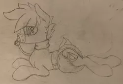 Size: 1364x936 | Tagged: suggestive, artist:scootsredux, derpibooru import, oc, oc:prismal, unofficial characters only, pony, unicorn, adult foal, clothes, diaper, diaper fetish, fetish, male, monochrome, pacifier, paper, photo, prone, scarf, sketch, solo, strap, traditional art