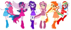 Size: 1435x621 | Tagged: safe, artist:selenaede, artist:sunset-sunrize, derpibooru import, applejack, fluttershy, pinkie pie, rainbow dash, rarity, sci-twi, twilight sparkle, twilight sparkle (alicorn), alicorn, human, equestria girls, base used, boots, clothes, cowboy hat, element of generosity, element of honesty, element of kindness, element of laughter, element of loyalty, element of magic, elements of harmony, hat, high heel boots, high heels, humane five, humane six, mask, masks, pegasus wings, ponied up, shoes, super ponied up, superhero, wings