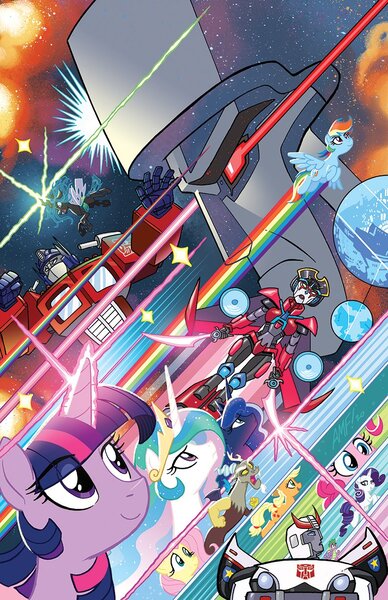 Size: 792x1224 | Tagged: safe, artist:tonyfleecs, derpibooru import, idw, official, applejack, discord, fluttershy, pinkie pie, princess celestia, princess luna, queen chrysalis, rainbow dash, rarity, spike, twilight sparkle, twilight sparkle (alicorn), alicorn, changeling, changeling queen, earth pony, pegasus, pony, unicorn, spoiler:comic, spoiler:friendship in disguise, crossover, female, mane seven, mane six, megatron, optimus prime, prowl, royal sisters, transformers, windblade