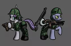 Size: 1024x659 | Tagged: safe, artist:mintlynx, derpibooru import, limestone pie, maud pie, earth pony, pony, alien (franchise), colonial marine, gun, m41a pulse rifle, pulse rifle, shotgun, weapon