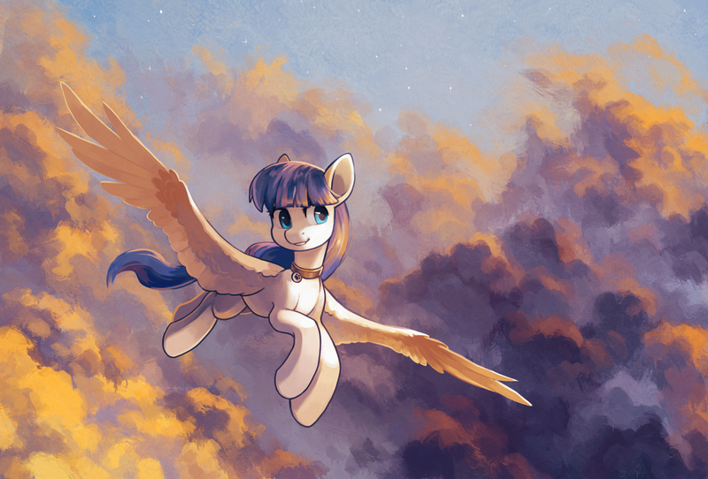 Size: 2951x2000 | Tagged: safe, artist:koviry, derpibooru import, oc, oc:snow pup, unofficial characters only, pegasus, pony, cloud, cloudy, collar, female, flying, mare, sky, smiling, solo, spread wings, sunset, wings