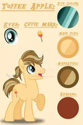 Size: 1280x1919 | Tagged: safe, artist:purplepotato04, derpibooru import, oc, oc:toffee apple, unofficial characters only, earth pony, pony, earth pony oc, freckles, male, offspring, open mouth, parent:applejack, parent:caramel, parents:carajack, ponytail, reference sheet, simple background, smiling, solo, stallion, updated