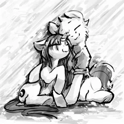 Size: 2000x2000 | Tagged: safe, artist:dimfann, derpibooru import, oc, oc:dim, oc:sylvine, unofficial characters only, pony, unicorn, black and white, grayscale, monochrome