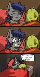 Size: 1024x1969 | Tagged: safe, artist:arrwulf, derpibooru import, oc, oc:echo, unofficial characters only, bat pony, pony, bat pony oc, bat wings, bed, bedroom, bite mark, comic, digital art, dream, eating, fangs, female, food, gritted teeth, mango, mare, messy eating, nightmare, pillow, speech bubble, text, that batpony sure does love mangoes, waking up, wings