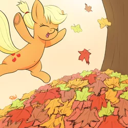 Size: 1800x1800 | Tagged: safe, artist:ponyxwright, derpibooru import, applejack, earth pony, pony, atg 2020, autumn, belly button, cute, eyes closed, female, jackabetes, jumping, leaves, mare, newbie artist training grounds, smiling, solo, underhoof