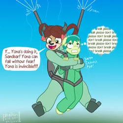 Size: 1000x1000 | Tagged: safe, artist:phallen1, derpibooru import, sandbar, yona, anthro, plantigrade anthro, atg 2020, crushing, falling, fear, female, harness, hug, male, newbie artist training grounds, onomatopoeia, parachute, shipping, skydiving, speech bubble, straight, tack, thought bubble, yonabar