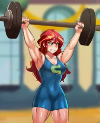 Size: 800x982 | Tagged: safe, artist:tzc, derpibooru import, sunset shimmer, equestria girls, anime, armpits, barbell, bodysuit, breasts, busty sunset shimmer, clothes, commission, female, gritted teeth, human coloration, leotard, muscles, muscular female, sunset lifter, sweat, thighs, thunder thighs, weight lifting, wondercolts