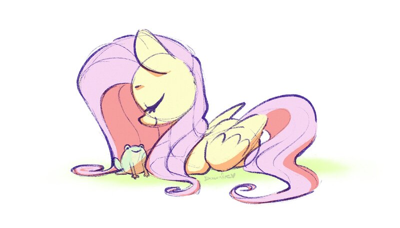 Size: 2000x1143 | Tagged: safe, artist:dawnfire, derpibooru import, fluttershy, frog, pegasus, pony, cute, eyes closed, female, lying down, mare, profile, shyabetes, signature, simple background, solo, white background