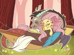 Size: 2048x1536 | Tagged: safe, artist:reylayneart, derpibooru import, discord, fluttershy, draconequus, pegasus, pony, blushing, cute, discoshy, discute, female, flower, grass, hammock, male, mare, shipping, shyabetes, sleeping, straight, tree