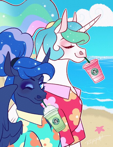 Size: 1582x2048 | Tagged: safe, artist:reylayneart, derpibooru import, princess celestia, princess luna, alicorn, pony, between dark and dawn, beach, clothes, cloud, drink, floral print, hawaiian shirt, ocean, one eye closed, shirt, sky, starbucks, wink