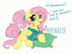 Size: 4000x3000 | Tagged: safe, artist:sciggles, derpibooru import, fluttershy, pegasus, pony, alternate hairstyle, clothes, cute, dialogue, eye shimmer, female, frog (hoof), good morning, heart, heart hoof, hoodie, looking at you, mare, open mouth, pillow, ponytail, shyabetes, simple background, smiling, smiling at you, solo, sweater, underhoof, white background