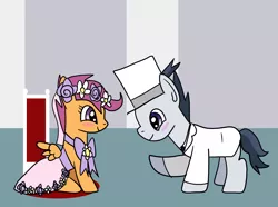 Size: 1600x1191 | Tagged: safe, artist:platinumdrop, derpibooru import, rumble, scootaloo, a canterlot wedding, clothes, cute, cutealoo, female, flower filly, flower girl, flower girl dress, hat, male, marriage, rumbloo, shipping, straight, top hat, tuxedo, wedding