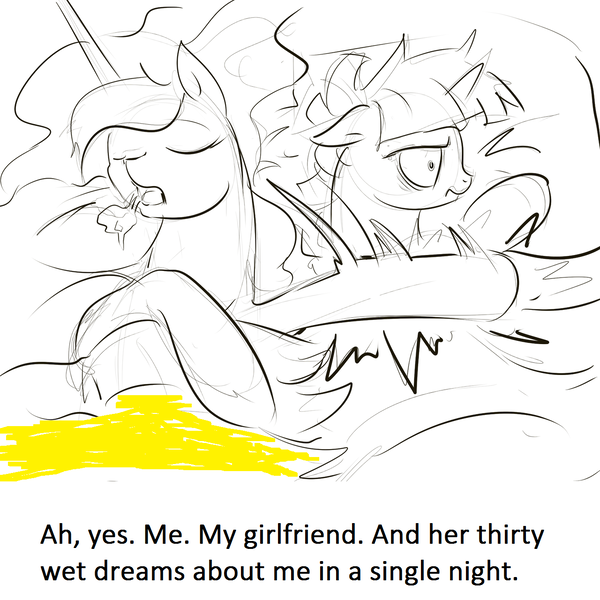 Size: 1280x1280 | Tagged: ah yes me my girlfriend and her x, artist:sinfoe, bed, cum, derpibooru import, drool, edit, female, grayscale, hitting, lesbian, lunadoodle, meme, monochrome, princess luna, safe, shipping, sketch, sleeping, twilight is not amused, twilight sparkle, twiluna, unamused, urine, wet dream