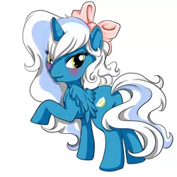 Size: 5000x5000 | Tagged: safe, artist:carolinenasu, derpibooru import, oc, oc:fleurbelle, alicorn, adorabelle, alicorn oc, blushing, bow, cute, female, hair bow, horn, looking at you, looking back, looking back at you, mare, smiling, smiling at you, wingding eyes, wings, yellow eyes