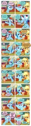Size: 868x3488 | Tagged: applejack, artist:dziadek1990, changedling, changeling, comic, conversation, derpibooru import, dialogue, disguise, disguised changeling, edit, edited screencap, impersonating, in character, ocellus, out of character, panic, panicking, pretend, rainbow dash, safe, screencap, screencap comic, slice of life, text, the saddle row review, underaged drinking