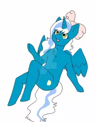 Size: 600x755 | Tagged: adorabelle, alicorn, alicorn oc, anthro, artist:blueberrybeann, bow, chest fluff, cute, derpibooru import, female, hair bow, horn, mare, oc, oc:fleurbelle, safe, watermark, wings, yellow eyes