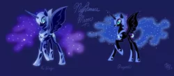 Size: 1024x449 | Tagged: safe, artist:ellybethe, derpibooru import, nightmare moon, alicorn, pony, journey of the spark, 2012, armor, comparison, ethereal mane, ethereal tail, female, helmet, hoof shoes, horn, mare, raised hoof, redesign, signature, simple background, slit pupils, starry mane, text, wings