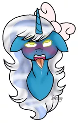 Size: 546x855 | Tagged: suggestive, artist:lovebug28724, derpibooru import, oc, oc:fleurbelle, unofficial characters only, alicorn, ahegao, alicorn oc, blushing, blushing profusely, bow, bust, drool, female, floppy ears, hair bow, horn, mare, open mouth, portrait, simple background, solo, tongue out, white background, wings, yellow eyes