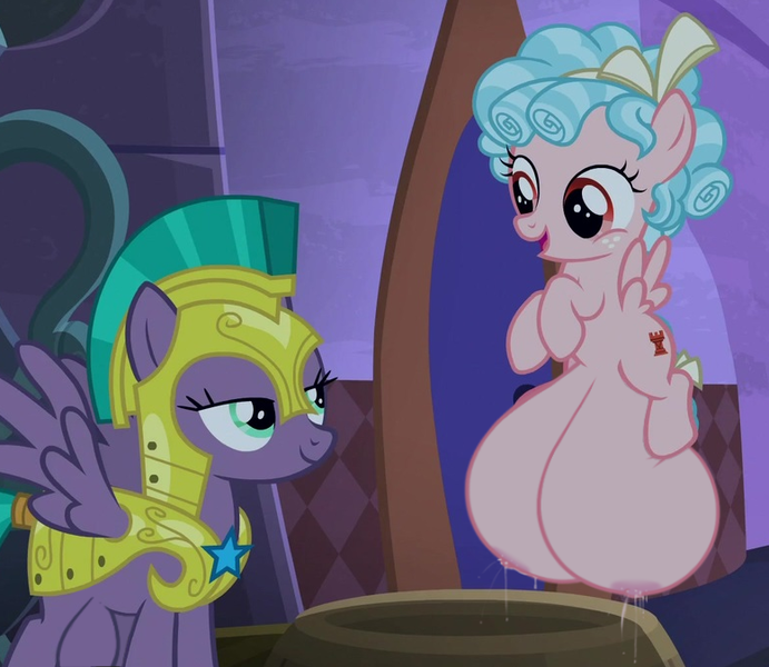 Size: 777x675 | Tagged: questionable, artist:mrweirdo, derpibooru import, edit, edited screencap, screencap, cozy glow, queen chrysalis, vanguard cover, pegasus, pony, the summer sun setback, big crotchboobs, cropped, crotchboobs, disguise, disguised changeling, duo, duo female, female, female focus, females only, filly, foalcon, huge crotchboobs, hyper, hyper crotchboobs, impossibly large crotchboobs, lactation, mare, milk, nipples, nudity, solo focus