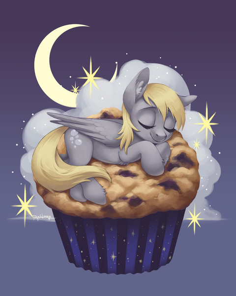 Size: 3187x3984 | Tagged: safe, artist:taytinabelle, derpibooru import, derpy hooves, pegasus, pony, chest fluff, cloud, crescent moon, cute, derpabetes, ear fluff, eyes closed, female, food, happy, high res, leg fluff, mare, moon, muffin, on a cloud, prone, sleeping, smiling, solo, stars, sweet dreams fuel