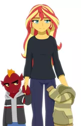 Size: 1215x1875 | Tagged: safe, artist:fantasygerard2000, derpibooru import, garble, sunset shimmer, wallflower blush, dragon, human, equestria girls, age regression, alternate universe, clothes, female, headcanon, hoodie, invisible, male, mother, parent, young