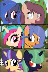 Size: 1008x1528 | Tagged: safe, artist:lightningsparkle95, derpibooru import, oc, oc:kittypaint, oc:lightning sparkle, unofficial characters only, pony, apple, apple tree, female, fence, food, grass, looking at each other, mare, road, sky, smiling, tree