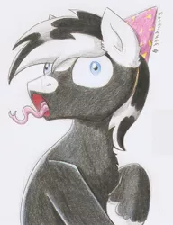 Size: 741x965 | Tagged: safe, artist:ravenpuff, deleted from derpibooru, derpibooru import, oc, oc:double, earth pony, pony, derp, hat, party hat, solo, traditional art
