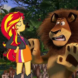 Size: 300x300 | Tagged: safe, derpibooru import, edit, edited screencap, screencap, sunset shimmer, big cat, lion, equestria girls, 1000 hours in ms paint, alex the lion, clothes, female, madagascar (movie)