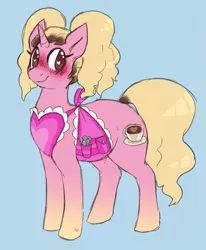 Size: 559x678 | Tagged: safe, artist:cottoncloudy, derpibooru import, oc, oc:spunky brew, unofficial characters only, pony, unicorn, apron, barista, blue background, blushing, chubby, cis, cis girl, clothes, curly hair, female, hair dye, heart, mare, polyamorous, simple background, solo, spoon