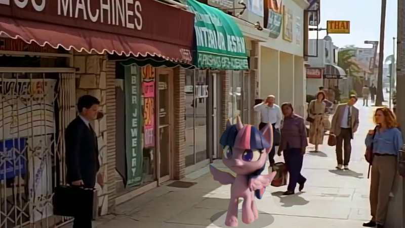 Size: 1105x624 | Tagged: safe, derpibooru import, edit, edited screencap, screencap, twilight sparkle, twilight sparkle (alicorn), alicorn, human, pony, book filled adventure, my little pony: pony life, my little pony: stop motion short, irl, irl human, photo, stop motion, the simpsons, treehouse of horror