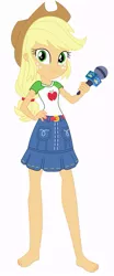 Size: 373x899 | Tagged: safe, artist:marcorois, derpibooru import, edit, editor:thomasfan45, applejack, human, best in show: the pre-show, equestria girls, equestria girls series, spoiler:eqg series (season 2), applejack's hat, barefoot, belt, clothes, cowboy hat, cute, denim skirt, feet, female, freckles, hand on hip, hat, jackabetes, legs, looking at you, microphone, ponytail, shirt, simple background, skirt, smiling, solo, vector, white background