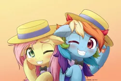 Size: 1600x1067 | Tagged: safe, artist:symbianl, derpibooru import, fluttershy, rainbow dash, pegasus, pony, blushing, boater, boater hat, bowtie, bust, cheek fluff, clothes swap, cute, dashabetes, duo, ear fluff, female, floppy ears, frog (hoof), gradient background, hat, leg fluff, looking at you, mare, messy mane, one eye closed, shyabetes, smiling, underhoof, wink
