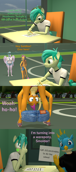 Size: 1920x4320 | Tagged: questionable, artist:papadragon69, derpibooru import, gallus, sandbar, silverstream, smolder, anthro, dragon, earth pony, gryphon, hippogriff, plantigrade anthro, pony, 3d, a case of ed, booty shorts, breasts, busty silverstream, clothes, comic, daisy dukes, detention, dialogue, ed edd n eddy, head between legs, imminent vomiting, implied gallstream, mooning, parking lot, reference, shorts, source filmmaker, undressing, window