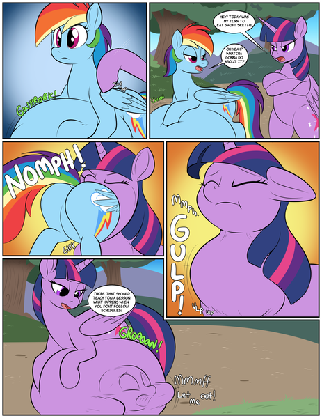 Size: 1890x2450 | Tagged: questionable, artist:swiftsketchpone, derpibooru import, rainbow dash, twilight sparkle, twilight sparkle (alicorn), oc, oc:swift sketch, alicorn, earth pony, pegasus, pony, belly, belly bed, big belly, butt, comic, dialogue, endosoma, female, huge belly, impossibly large belly, male, mare, plot, preddash, preydash, same size vore, stallion, stomach noise, swallowing, throat bulge, twipred, vore, voreception