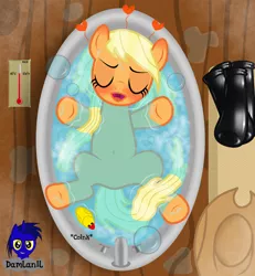 Size: 3840x4154 | Tagged: safe, artist:damlanil, derpibooru import, applejack, earth pony, pony, bath, bathtub, belly button, blushing, boots, bubble, bubble bath, clothes, cowboy hat, eyes closed, female, happy, hat, heart, hot tub, hot water, latex, latex boots, mare, on back, open mouth, puddle, relaxing, rubber, rubber duck, sexy, shampoo, shiny, shoes, smiling, socks, solo, tap, thermometer, underhoof, vector, water, wet, wet mane