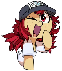 Size: 903x1026 | Tagged: safe, artist:whydomenhavenipples, derpibooru import, oc, oc:conpone, earth pony, pony, /mlp/, /mlp/ con, 4chan, clothes, cute, hat, looking at you, shirt, simple background, solo, transparent background