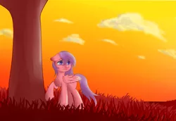 Size: 3793x2605 | Tagged: safe, artist:whale falda, derpibooru import, oc, unofficial characters only, pegasus, pony, cloud, dusk, female, sky, solo, tree