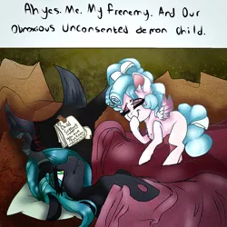 Size: 768x768 | Tagged: safe, artist:moodi, derpibooru import, cozy glow, lord tirek, queen chrysalis, centaur, changeling, pegasus, pony, ah yes me my girlfriend and her x, blanket, bow, child support, cozybetes, cute, female, filly, hoof over mouth, legion of doom, meme, missing accessory, pillow, queen chrysalis is not amused, sleeping, tirebetes, unamused, vulgar