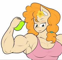 Size: 856x824 | Tagged: safe, artist:calm wind, artist:matchstickman, derpibooru import, pear butter, anthro, abs, animated, biceps, clothes, dialogue, female, flexing, food, frame by frame, fruit, grin, looking at you, muscles, one eye closed, pear, pear buffer, pecs, shirt, simple background, sleeveless, sleeveless shirt, smiling, solo, sound, triceps, vein bulge, webm, white background, wink