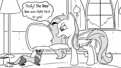 Size: 1200x675 | Tagged: safe, artist:pony-berserker, derpibooru import, fluttershy, ferret, pegasus, pony, angry, animal, female, fluttershy is not amused, lamp, mare, monochrome, pony-berserker's twitter sketches, speech bubble, stippling, toilet humor, unamused, window, yelling