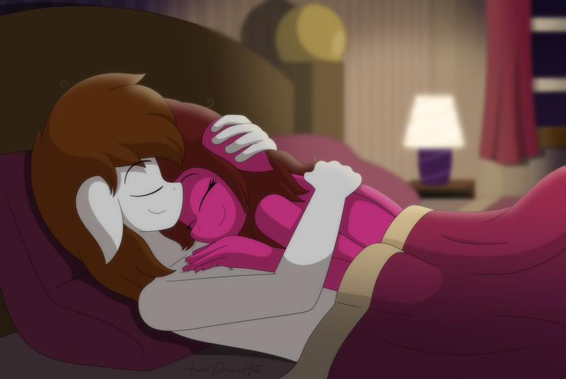 Size: 3900x2615 | Tagged: ah yes me my girlfriend and her x, anthro, artist:aarondrawsarts, bedroom, brainbloom, chest fluff, clothes, cuddling, derpibooru import, embrace, female, hug, implied aftersex, implied nudity, male, meme, messy mane, naked hug, nudity, oc, oc:brain teaser, oc:rose bloom, oc x oc, partial nudity, petting, shipping, straight, suggestive, topless