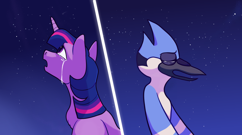 Size: 1300x730 | Tagged: safe, artist:malphym, derpibooru import, twilight sparkle, bird, blue jay, pony, unicorn, aeroplanes and meteor showers, b.o.b., crossover, crossover shipping, crying, eyes closed, female, male, mare, meme, mordecai, mordetwi, night, open mouth, redraw mordetwi meme, regular show, sad, shipping, stars, straight, unicorn twilight